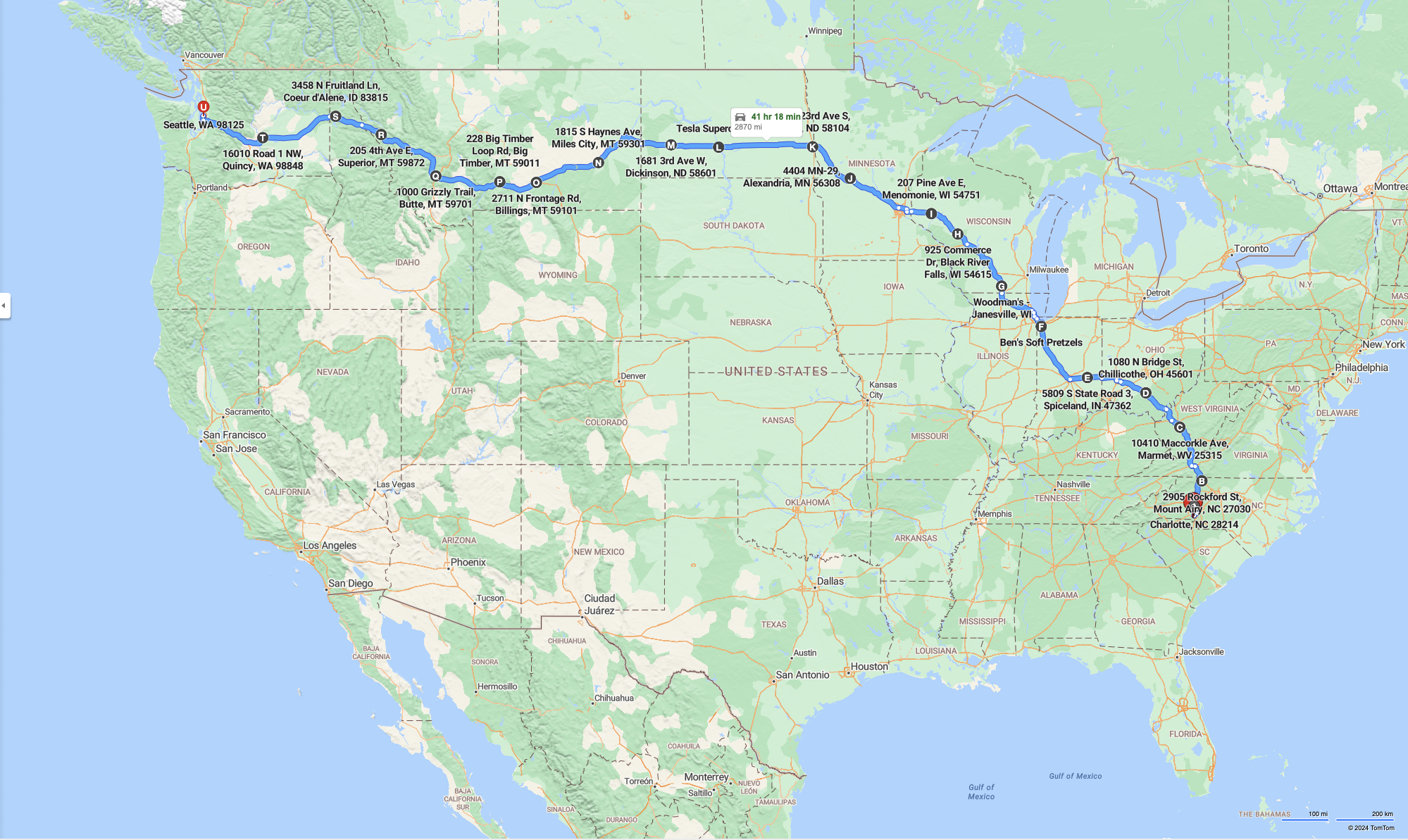 Map of the route from Charlotte, NC to Seattle, WA
